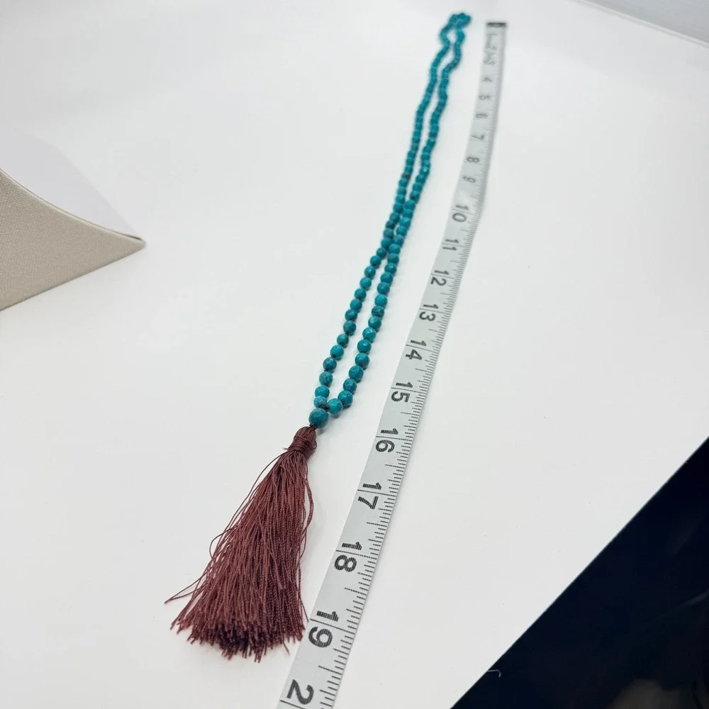 Necklace Vintage Bright Blue Stone‎ Knotted Mala Brown Tassel Boho Statement 90s
